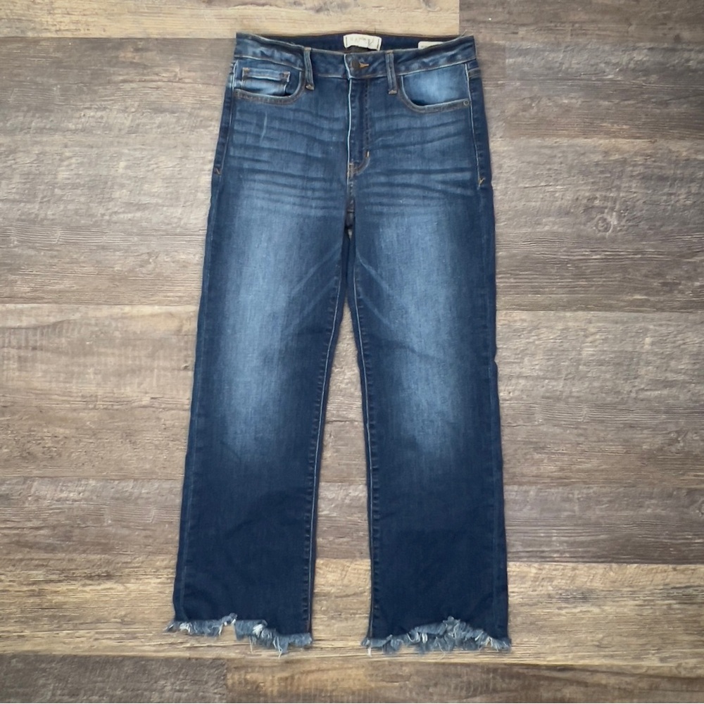 Harper dark wash boot cut jeans with frayed hems kick crop size 27 B106